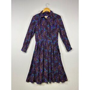 Vintage Dark Academia Raoul 14 Purple Paisley Rayon Midi Shirt Dress Pocket